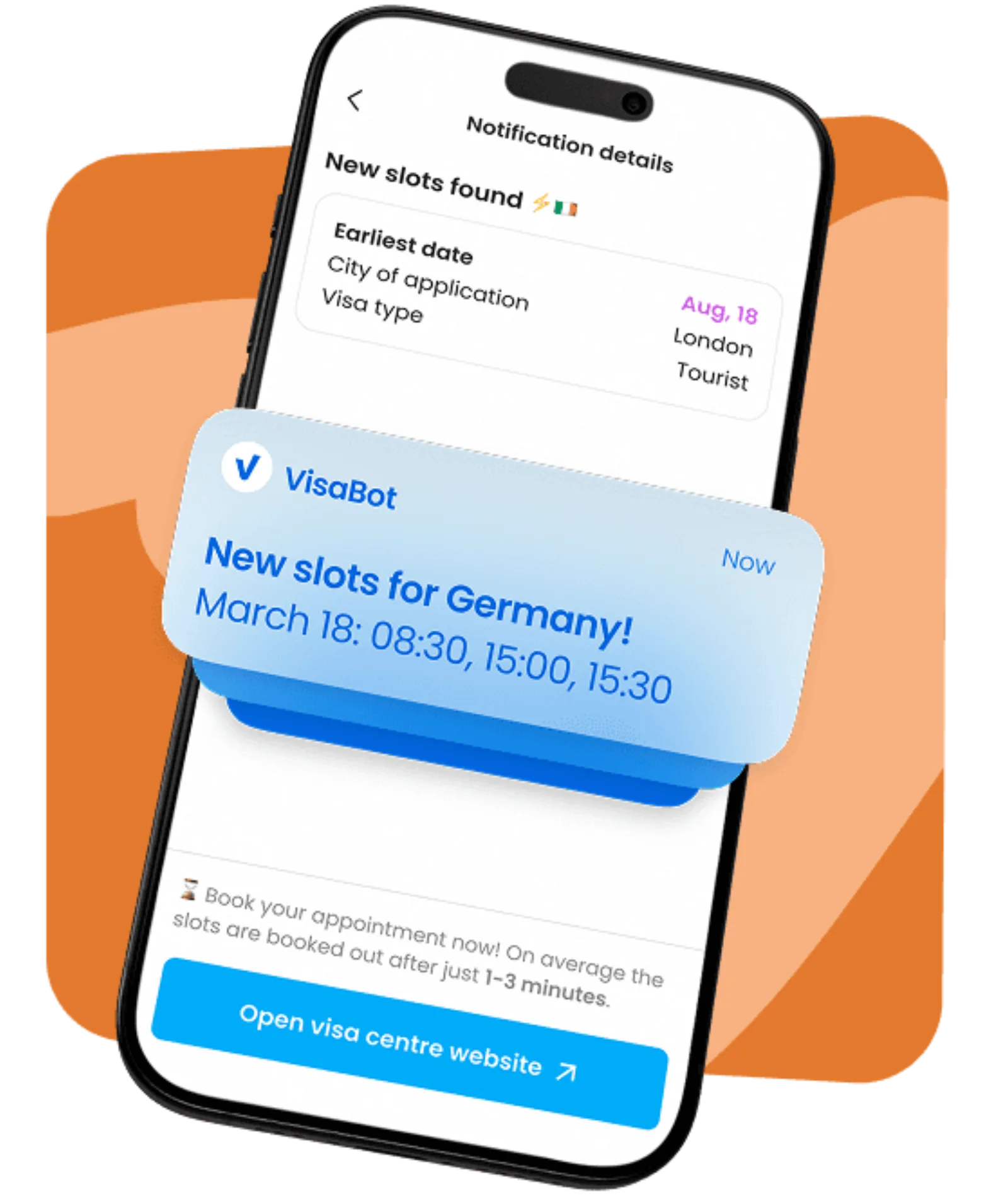 VisaBot mobile app showing Schengen visa appointments